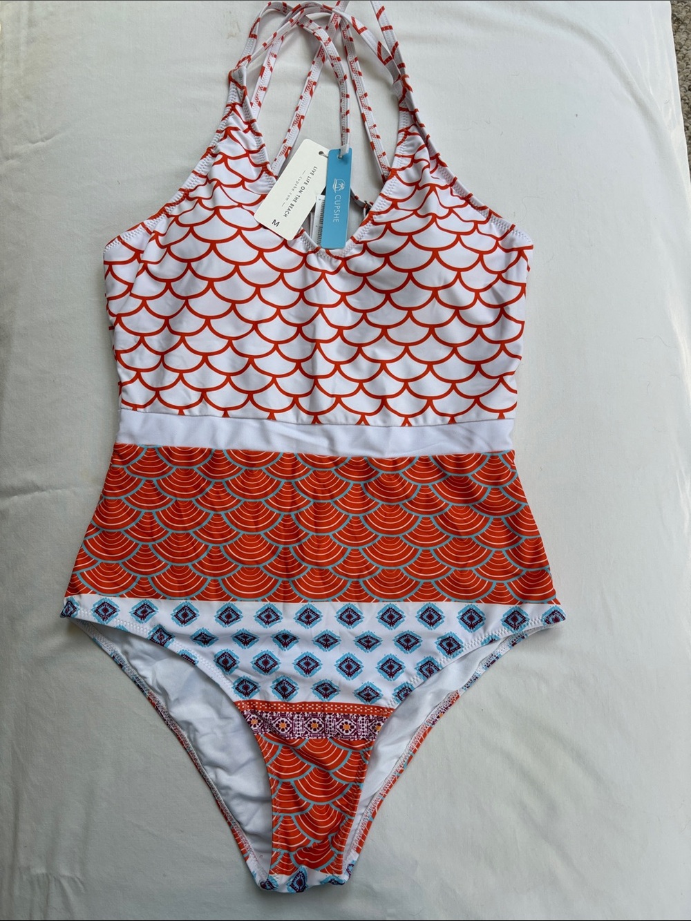 NWT size Medium CUPSHE One-Piece Swimsuit scalloped burnt orange blue pattern
